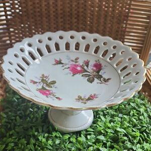 Vintage Japan Moss Rose Pedestal Dish With Gold Tone Detail Coquette Bridal